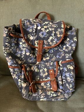 Navy Floral Canvas Backpack with Brown Trim